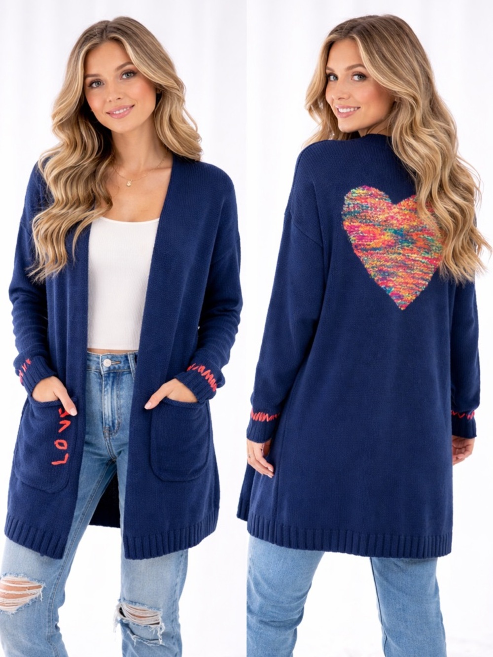 Lisa Todd Navy Blue “The Lover” Multicolor Heart Cardigan size Small